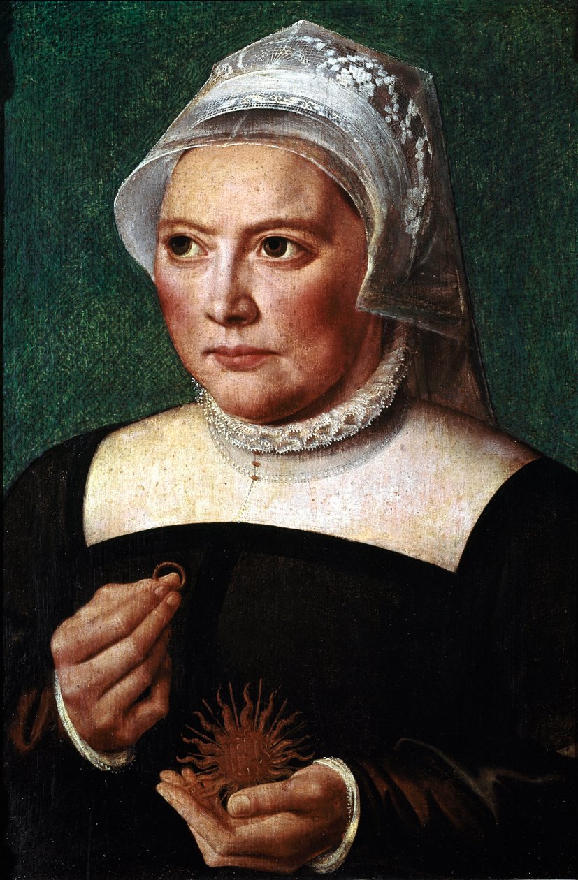 Portrét Catherine de Bore (Katharina von Bora) (1499-1552), manželka Martina Luthera V ruce drží alianci a nosí jahodový límec. Obraz od Bartholomaea (Barthel) Bruyna staršího (1493-1555) Chantilly, Conde Museum od Bartholomaeus the Elder Bruyn