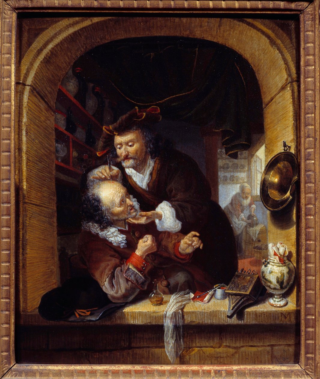 Medicína: „“ lékař způsobí malé krvácení, aby léčil pacientovy bolesti hlavy““ Obraz Bartoloměje Matona (1643-1684) Slunce 17. století. 0,27x0,21 m Paříž, Musee du Petite Palais od Bartholomaus Maton