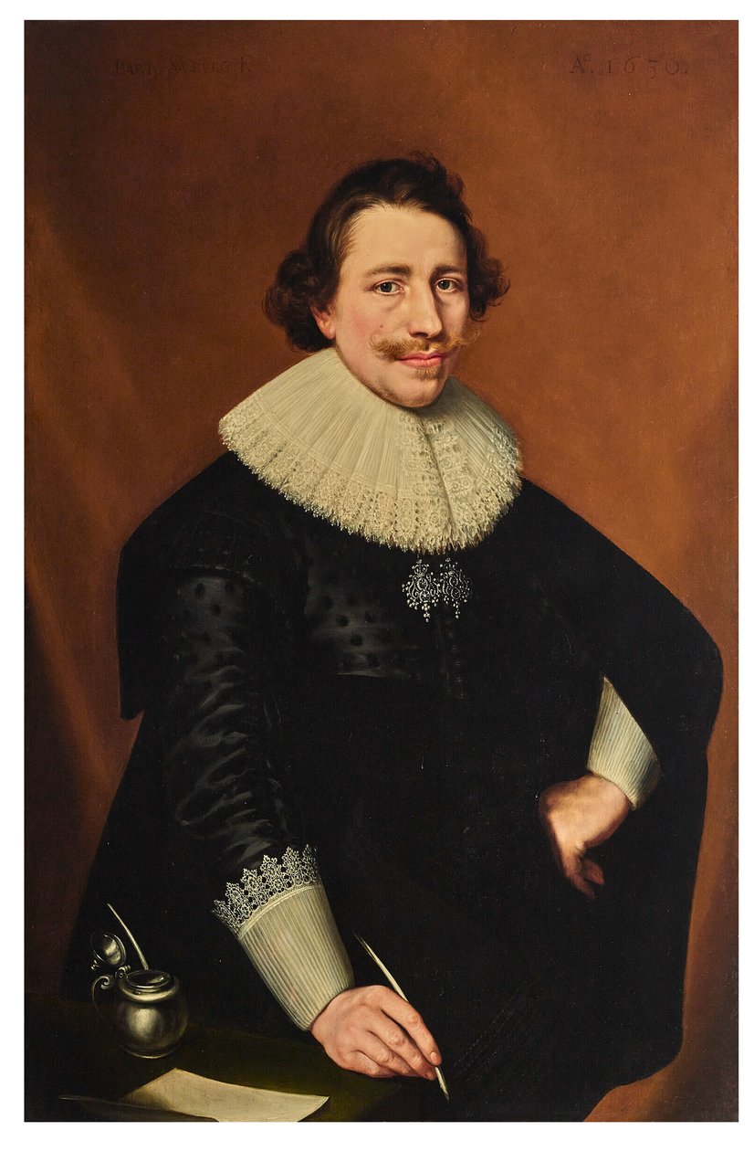 Portrét pána ve tříčtvrteční velikosti, držícího brk; od Bartholomeaus Sarburgh