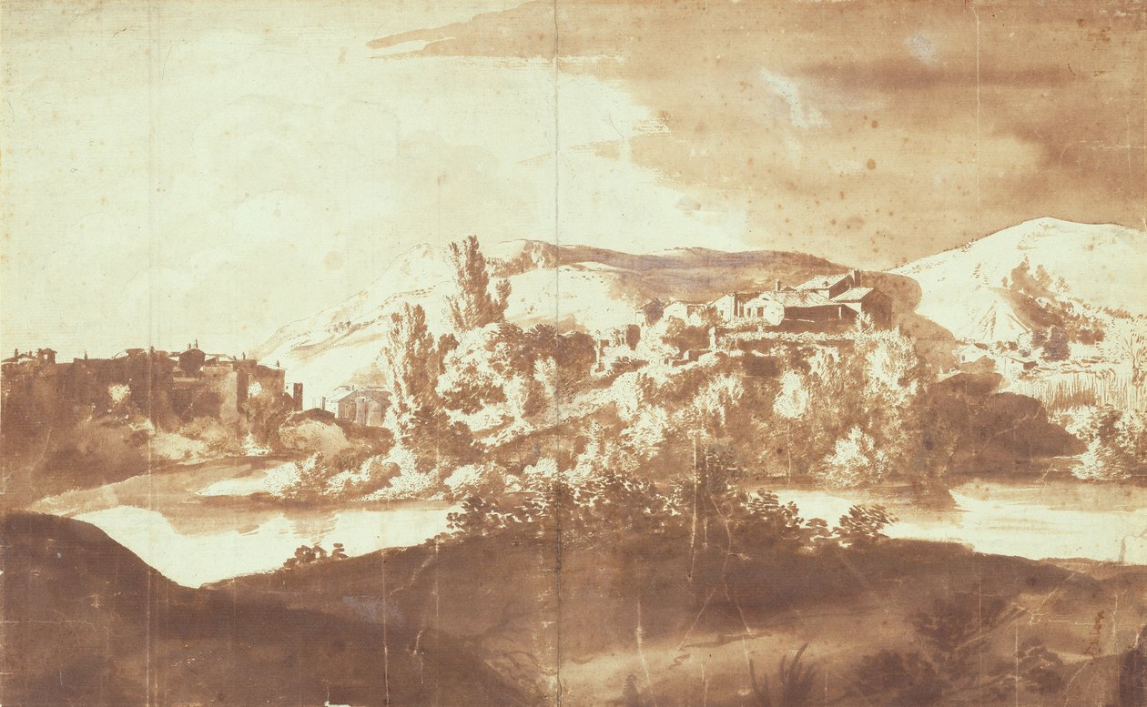 Italská vesnice na řece, cca 1627 (pero a inkoust s překryvným grafitem na papíře) od Bartholomeus Breenbergh