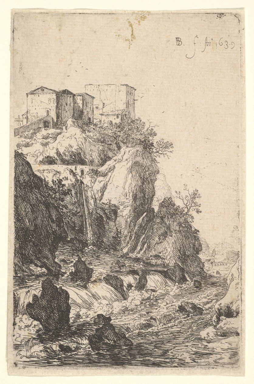 Kaskády poblíž Ponte della Trave, s budovami na skalnatém výběžku výše, ze série ..., 1639. od Bartholomeus Breenbergh