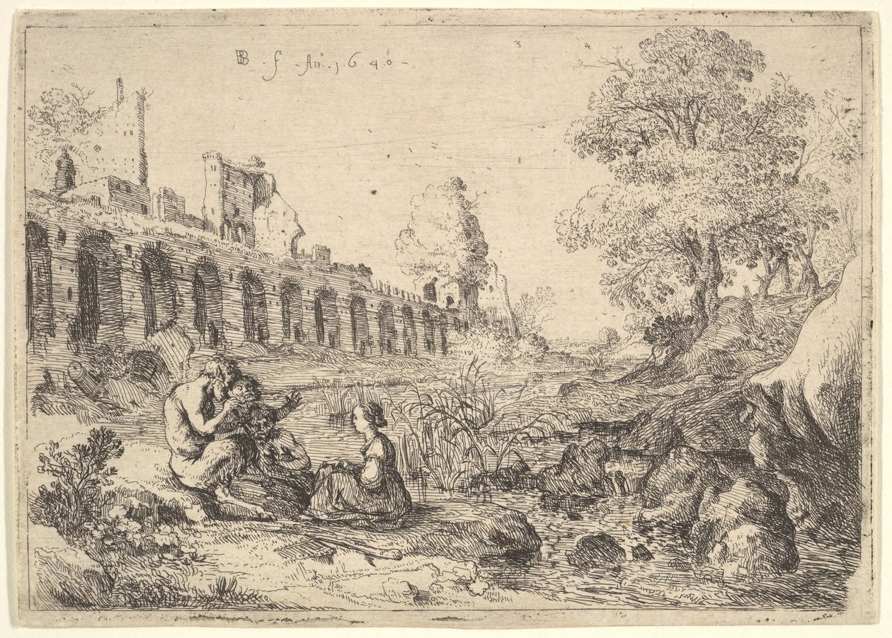 Korsika sedící před satyry na břehu řeky, z dvojice desek pro Battistu Gu..., 1640. od Bartholomeus Breenbergh