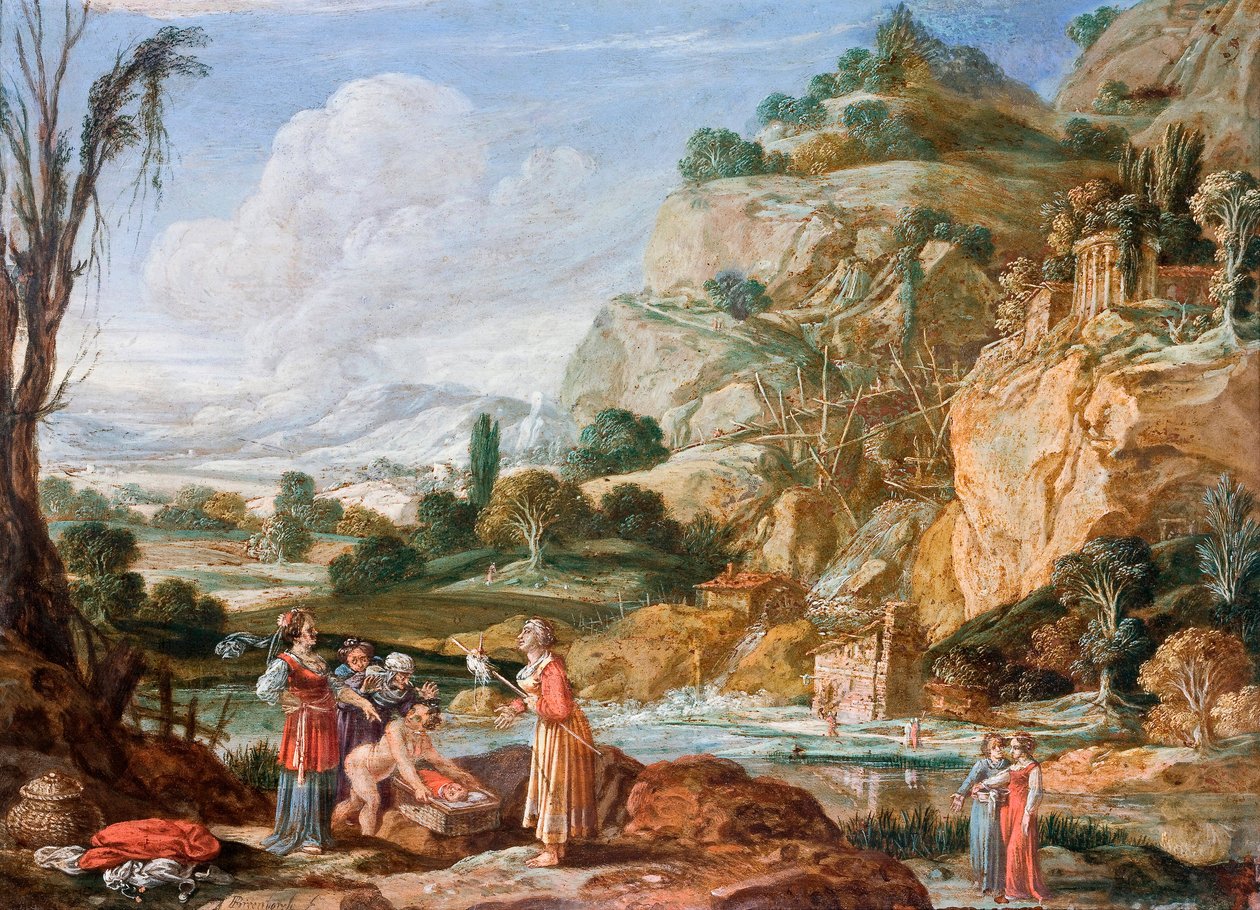 ""Mojžíšovo mládě bylo nalezeno faraónovou dcerou"" (Nalezení Mojžíšovy dcerky faraóna) Malba Bartholomeuse Breenbergha (1598-1657) Olej na mědi 17. století Rozměr 18,5x25 cm Hallwylska Museet, Stockholm od Bartholomeus Breenbergh