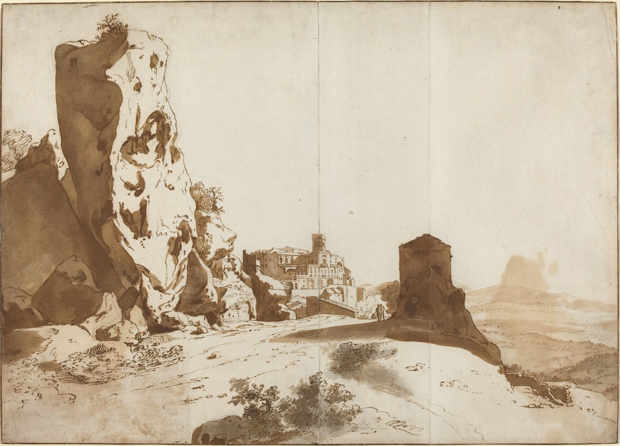 Fantastické skály a hrad v Bomarzo [recto] od Bartholomeus Breenbergh
