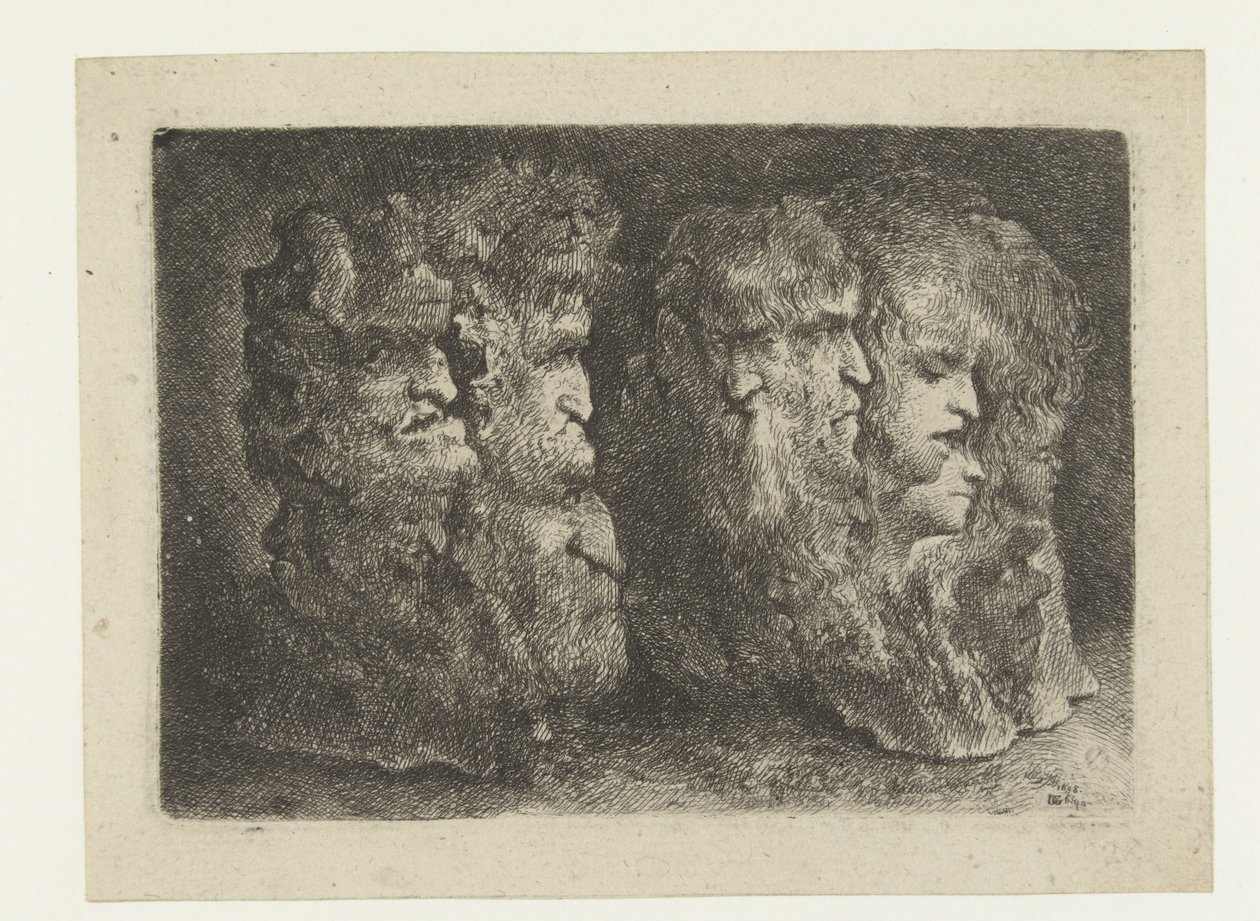 Různé hlavy mužů, zvířat a maskaronů od Bartholomeus Breenbergh