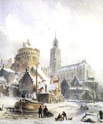 Děti si hrají na zamrzlé řece, katedrála v Deventeru a dál od Bartholomeus Johannes van Hove