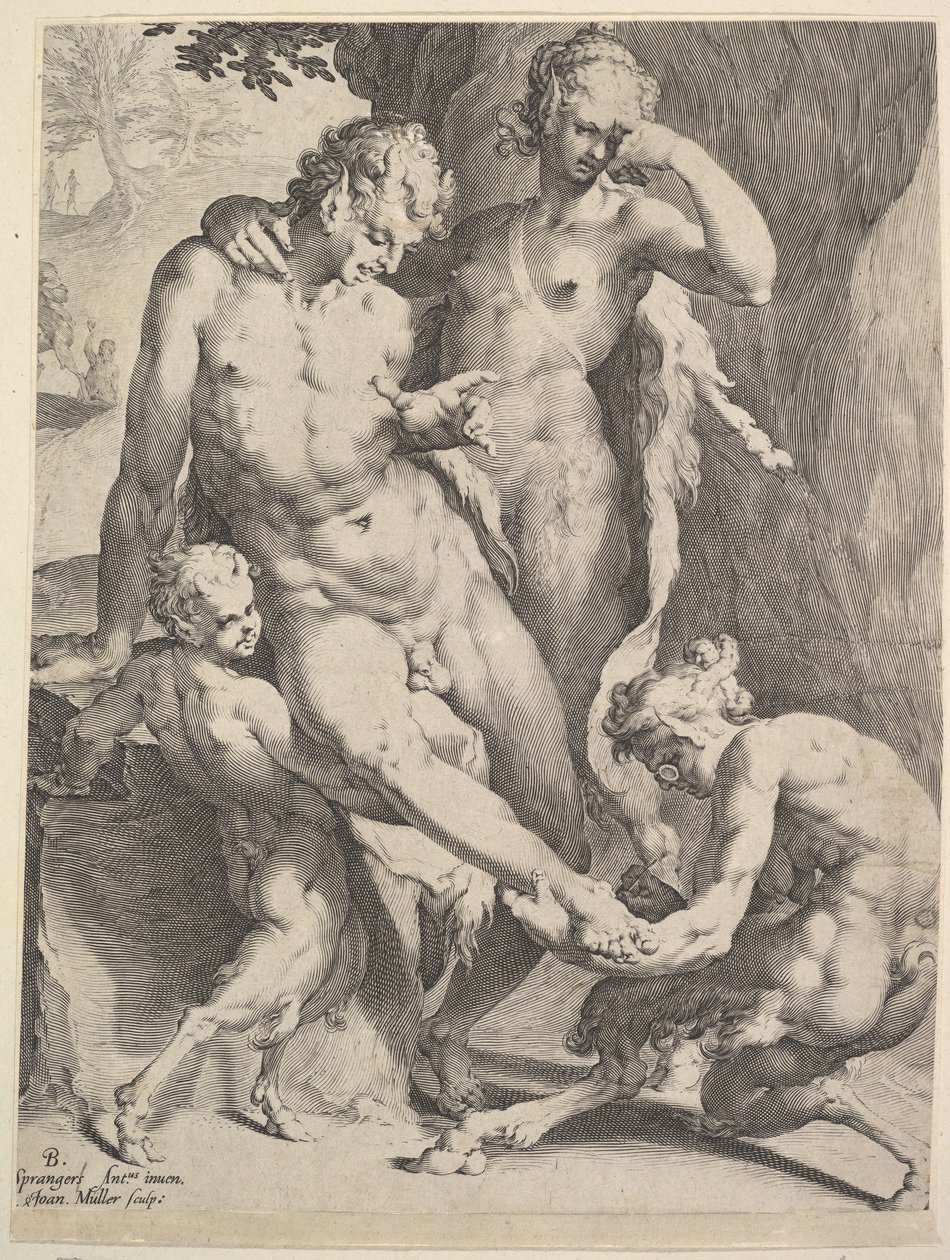Oreads Odstraňování trnu z nohy satyra, 1590 od Bartholomeus Spranger