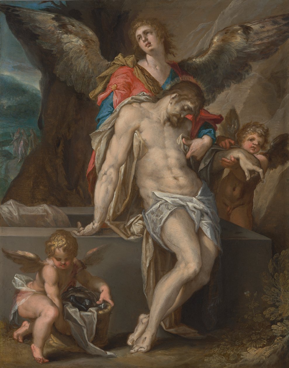 Tělo Kristovo podporované anděly od Bartholomeus Spranger