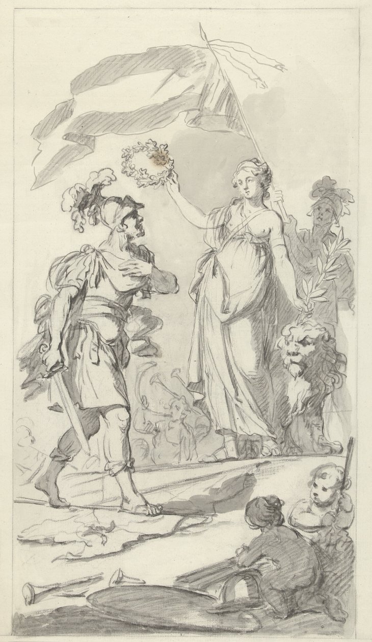 Statečný Batavián korunovaný holandskou Pannou, 1799 Návrhy pomníku na národní slavnosti oslavující mír 17. prosince 1799 (název série) od Bartholomeus Ziesenis