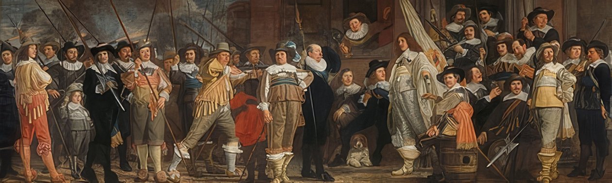 Důstojníci a další puškaři pod vedením kapitána Roelofa Bickera a poručíka Jana Michielsze Blaeuwa. Kolem 1640-43 od Bartholomeus van der Helst