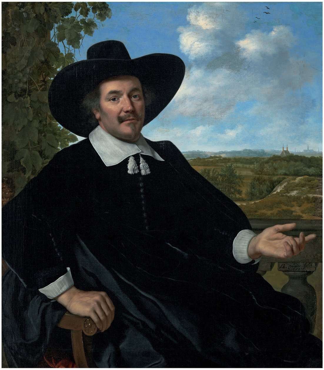 Portrét Gabriela Marselise, tříčtvrteční, sedící, před balustrádou, krajina s venkovským domem a dalekým výhledem na Haarlem za ním od Bartholomeus van der Helst