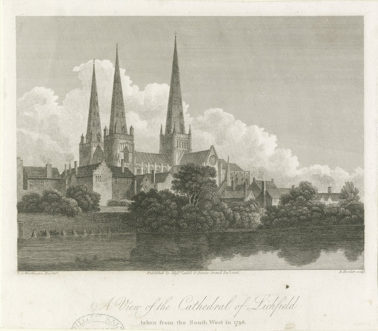 Katedrála Lichfield - South West View: rytina, 1796 od Bartholomew Howlett