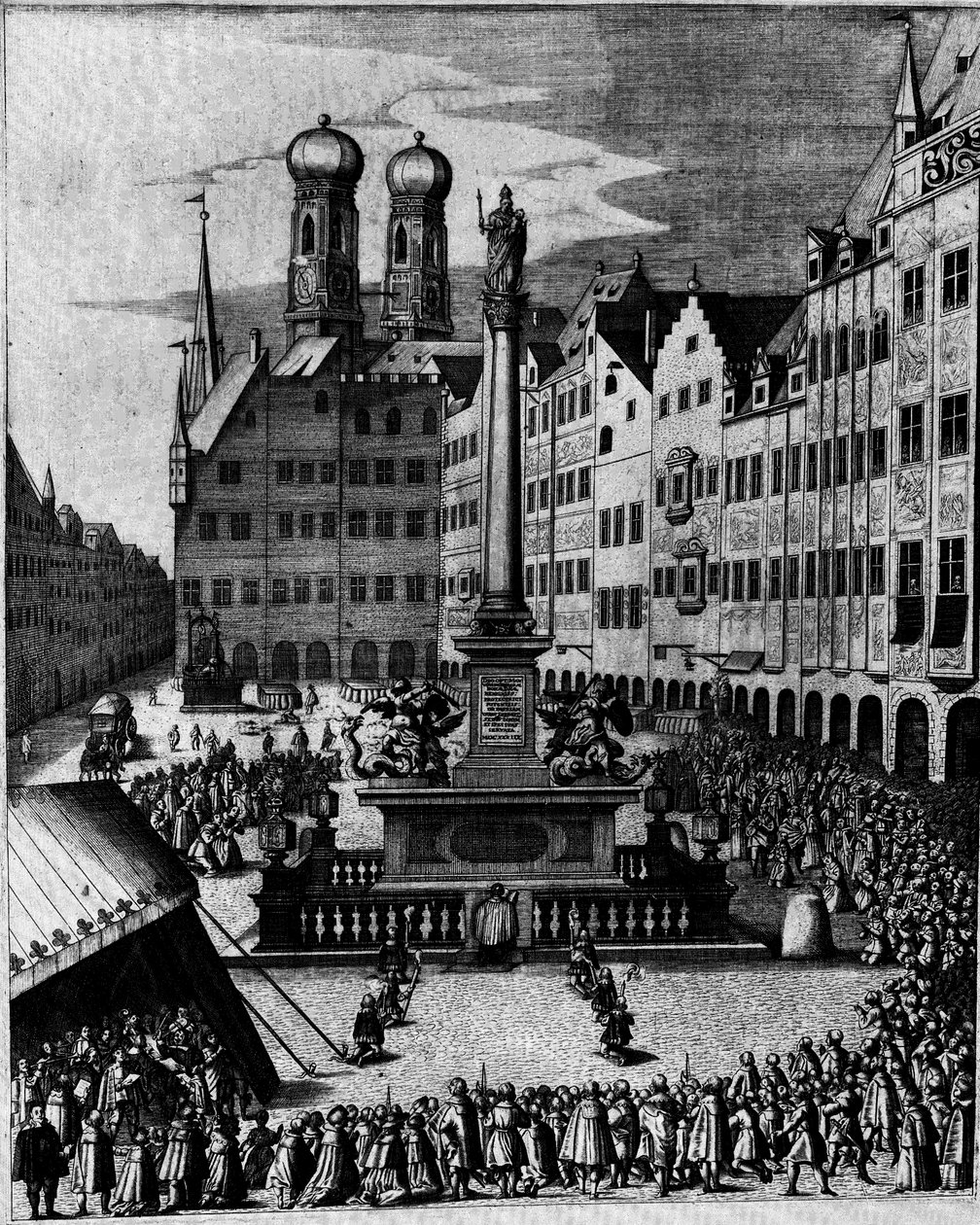 Katolická mše na Marienplatz v Münchenu, kolem Mariina sloupu, symbolu protireformačního kultu Marie od Bartholomäus Kilian