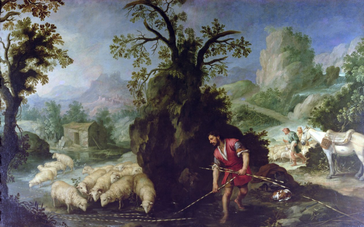 Jacob položil oloupané pruty před stáda Labana od Bartolomé Esteban Murillo