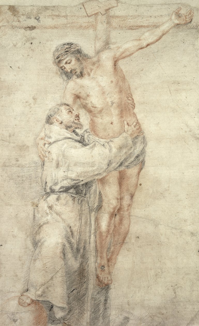 Sv. František odmítá svět a objímá Krista (červená a černá křída na papíře) od Bartolomé Esteban Murillo