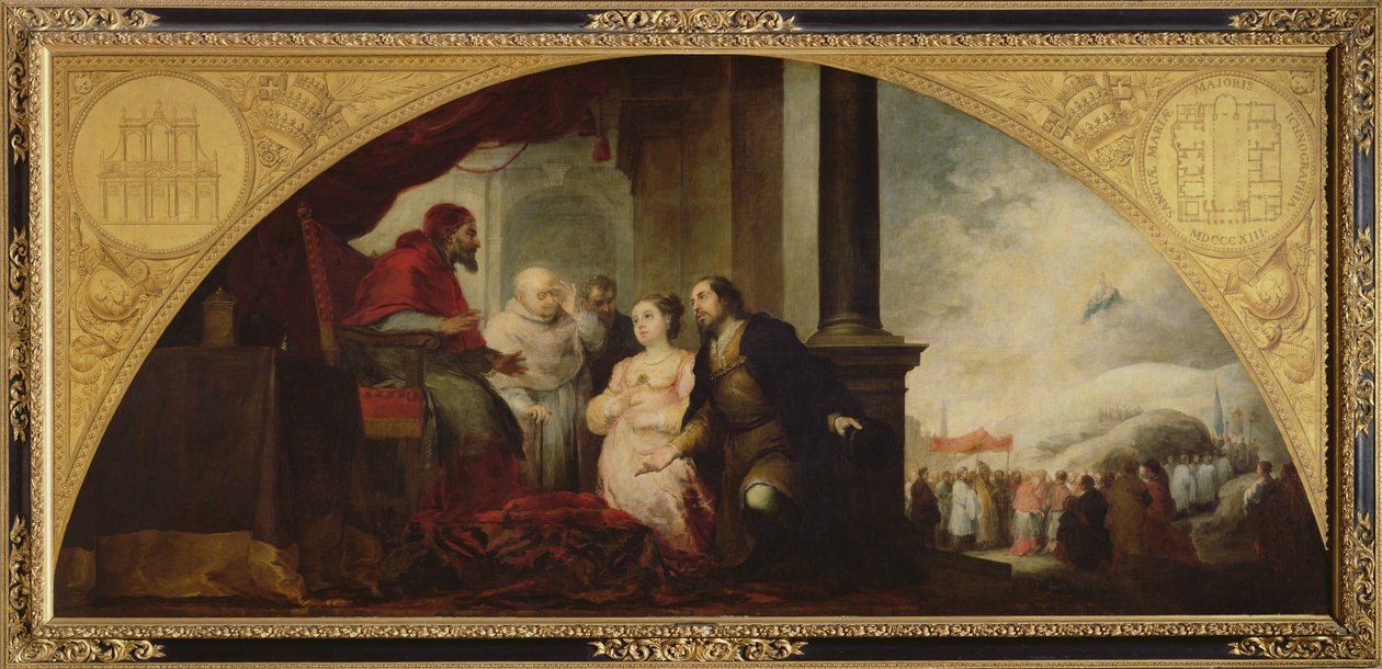 Příběh založení Santa Maria Maggiore v Římě: Patricij odhaluje svůj sen papeži, kolem 1662-65 od Bartolomé Esteban Murillo