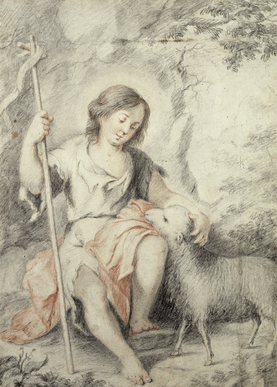 Mladý Jan Křtitel s Beránkem ve skalnaté krajině (červená a černá křída na papíře) od Bartolomé Esteban Murillo