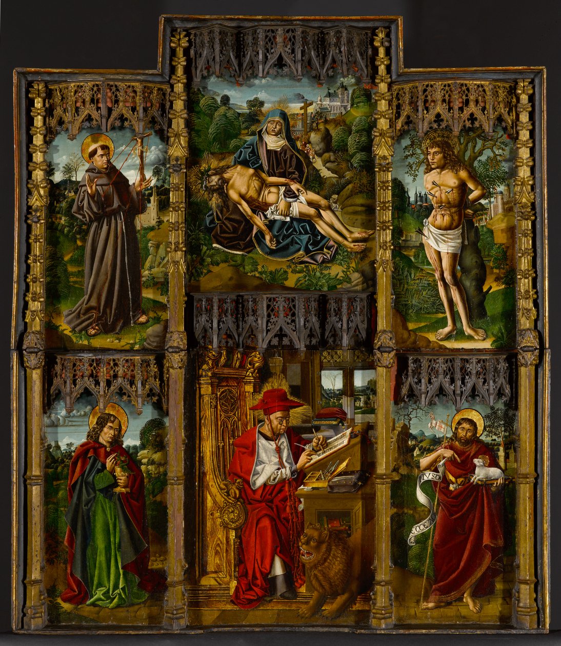 Přenosný oltářní obraz: Pietà, svatí František, Sebastian, Jan Evangelista, Jeroným a Jan Křtitel, kolem roku 1500 od Bartolomé Bermejo
