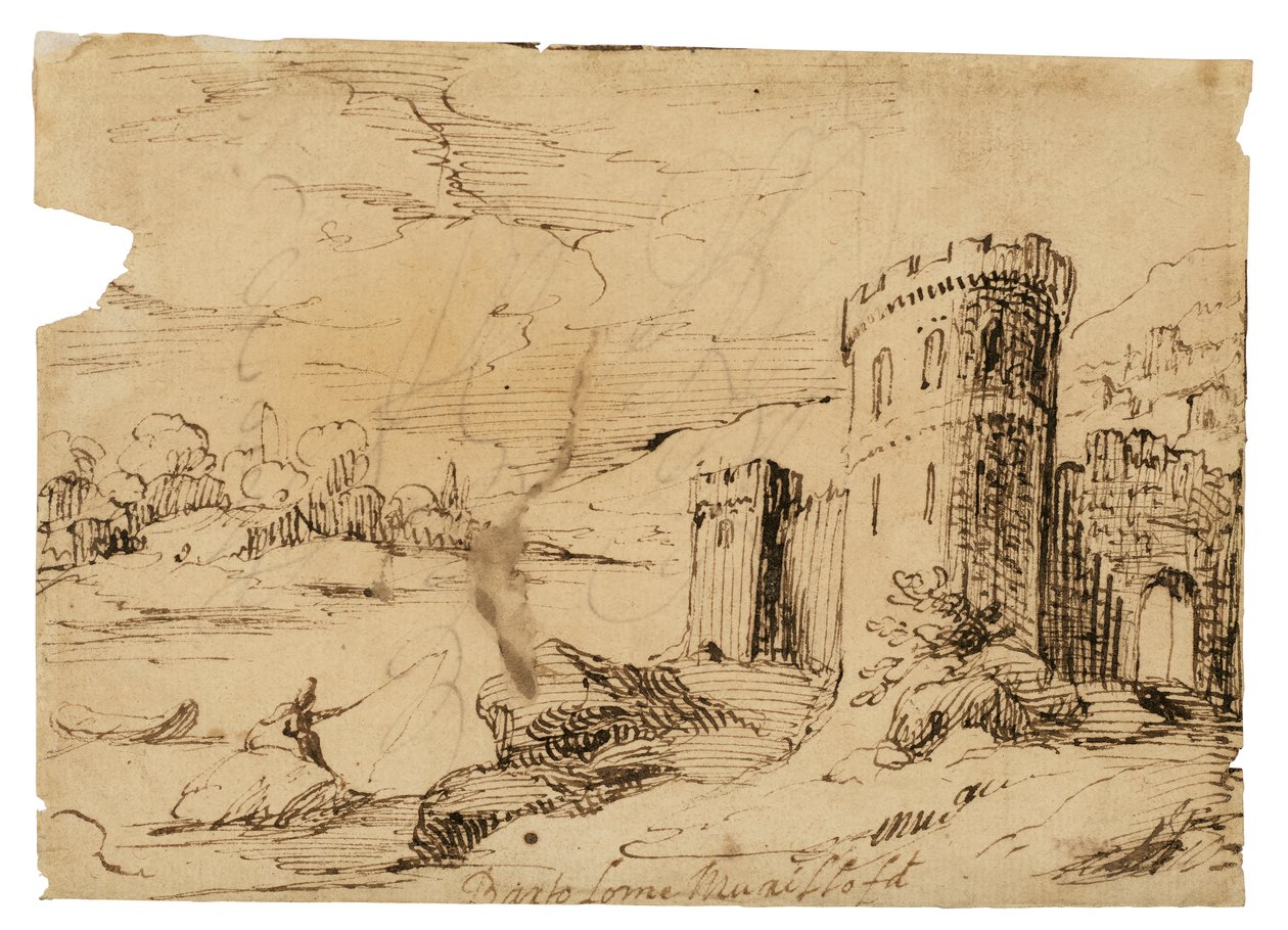 Říční krajina s rybářem poblíž hradu od Bartolomé Esteban Murillo