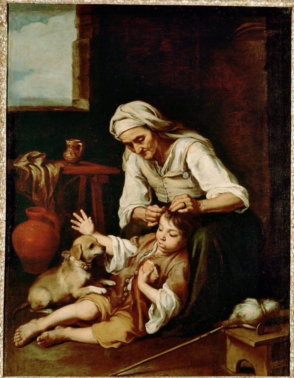 Vieja espulgando a un nino - stará žena čistí chlapci vlasy... (malba na plátně) od Bartolomé Esteban Murillo