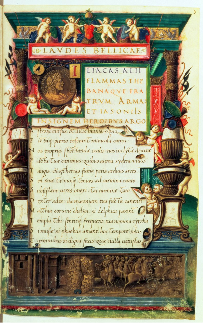 Ms 85.I.I.Aug.2, f.3r Rukopis prezentace pro Matyáše Korvína, z Laudes Bellicae Alexandra Cortesia, Řím, asi 1480-90. od Bartolomeo Sanvito