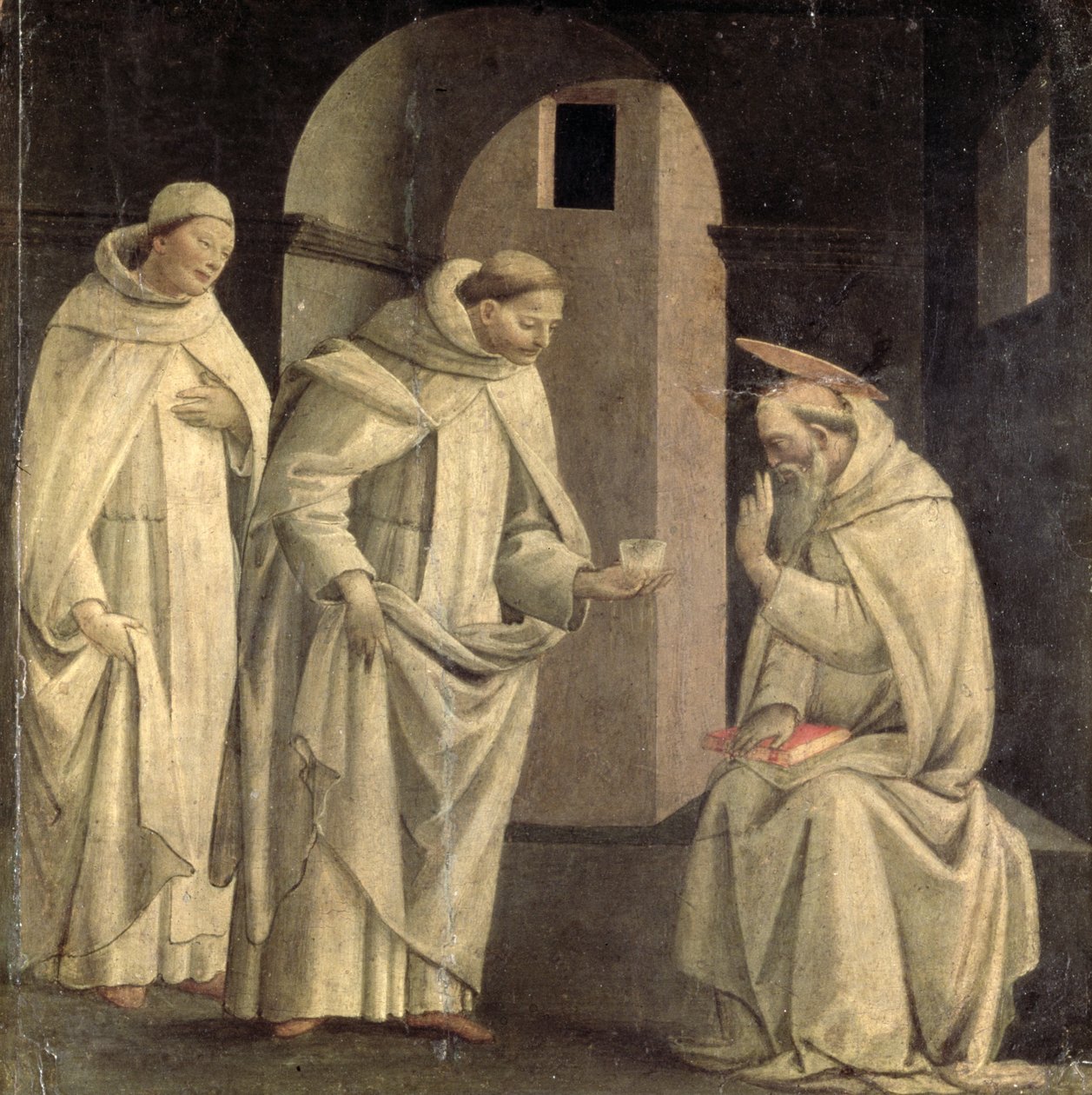 Výjevy ze života svatého Benedikta: Svatý Benedikt žehná poháru s jedem, který se rozbije, deska predella, asi 1488 (deska) od Bartolomeo di Giovanni