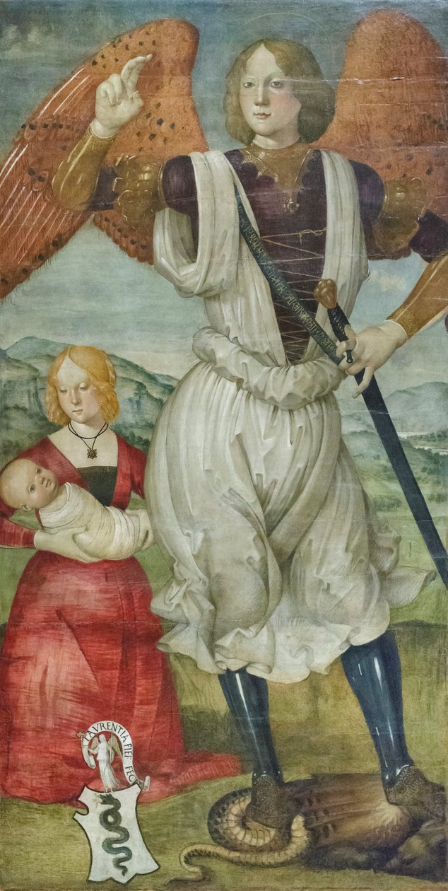Svatý Michael Archanděl s Teodorou Visconti a novorozeným synem, asi 1486-87 (tempera na desce) od Bartolomeo (attr. to) Della Gatta