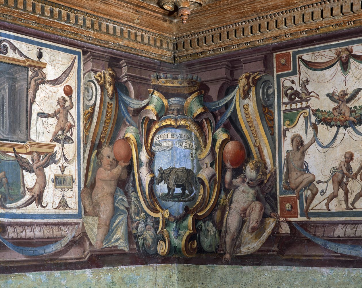Sala del Granduca di Toscana sál velkovévody z Toskánska detail vlysu znázorňujícího znamení zvěrokruhu, nosorožce, freska 1564-75 od Bartolomeo Ammannati