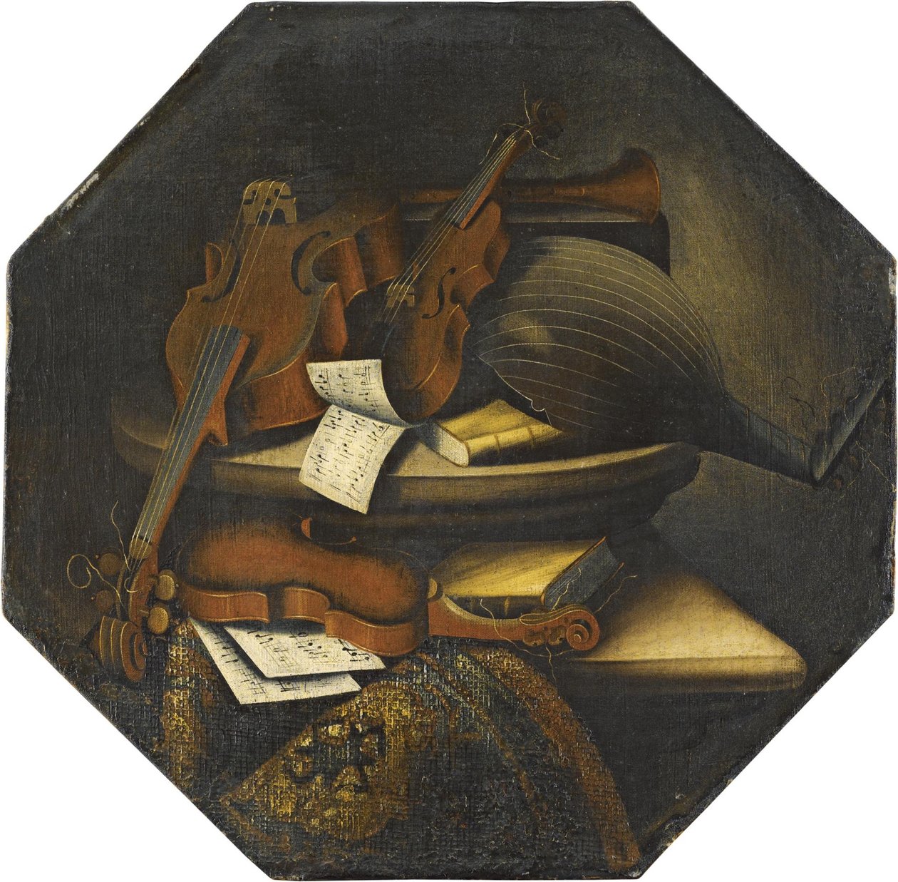 Zátiší s loutnou, violoncellem, houslemi a notami na kamenné římse vedle koberce. od Bartolomeo Bettera