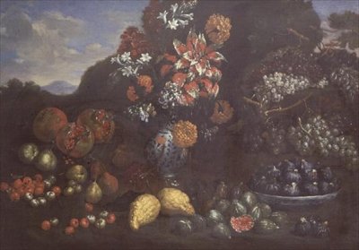 Květiny v džbánu Maiolica s ovocem v krajině od Bartolomeo Bimbi