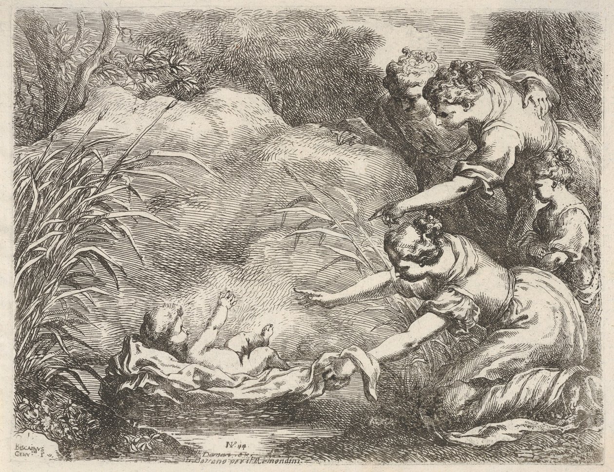 Nález Mojžíše, kterého z Nilu zachránily služebné faraonů daug..., 1650-57. od Bartolomeo Biscaino