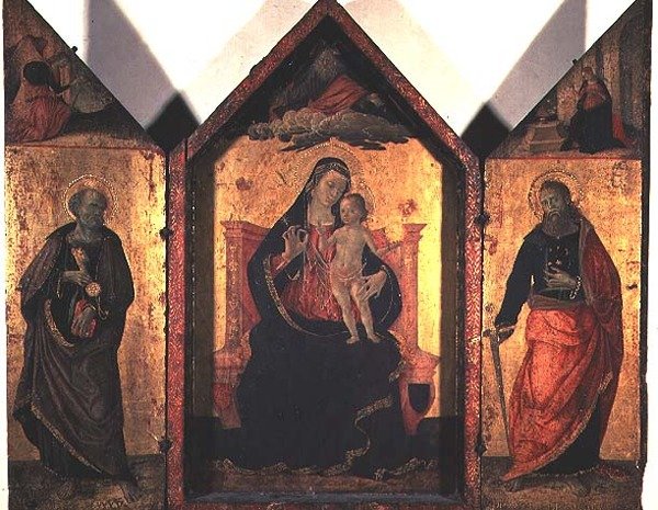 Madona s dítětem se sv. Janem Křtitelem a apoštolem Petrem (tempera a plátkové zlato na desce) od Bartolomeo Caporali