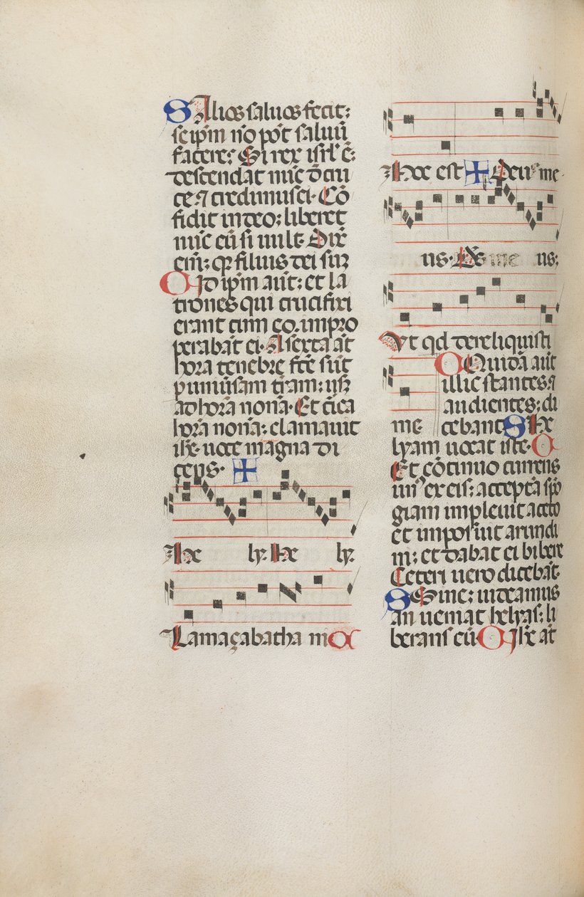 Missale: Fol. 121v: obsahuje hudbu pro Hely Hely Lama atd. v rámci St. Mattion Passion, 1469. od Bartolomeo Caporali