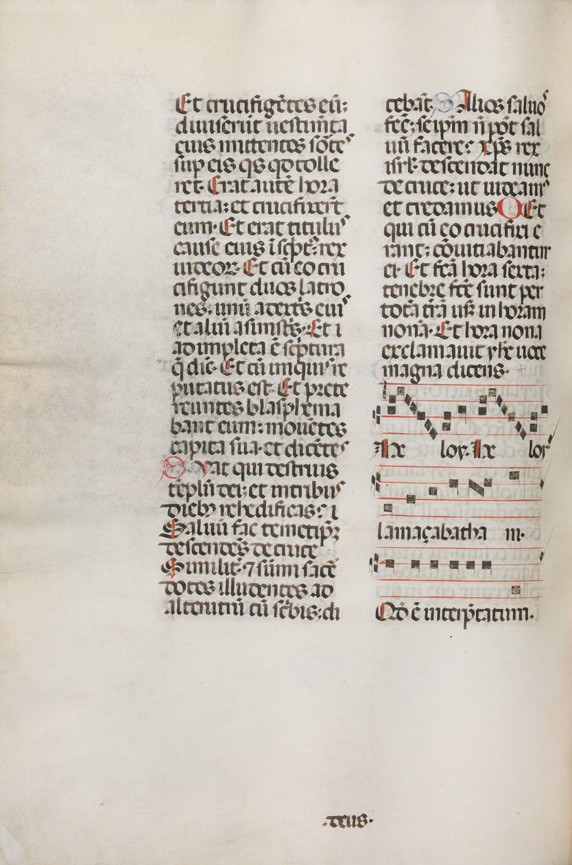 Missale: Fol. 128v: obsahuje hudbu pro Hely Hely Lama atd. v rámci St. Mattion Passion, 1469. od Bartolomeo Caporali