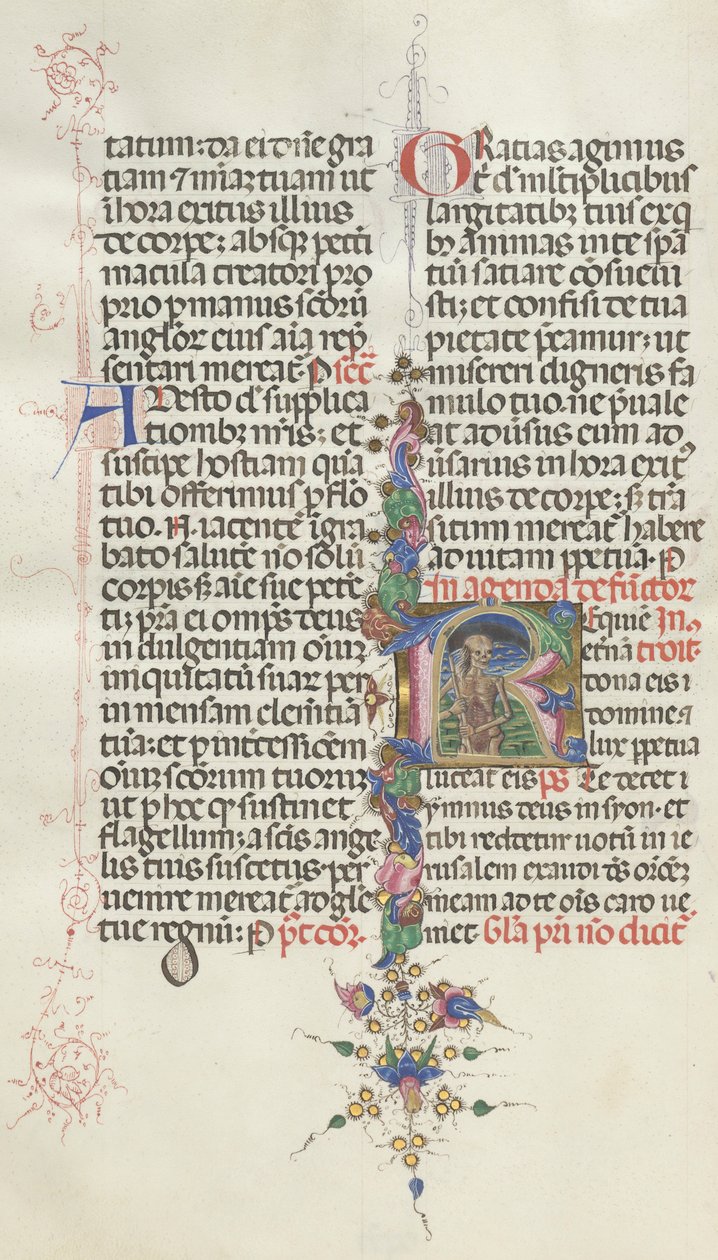 Missale: Fol. 387v: Smrt znázorněná jako kostra se srpem, 1469. od Bartolomeo Caporali