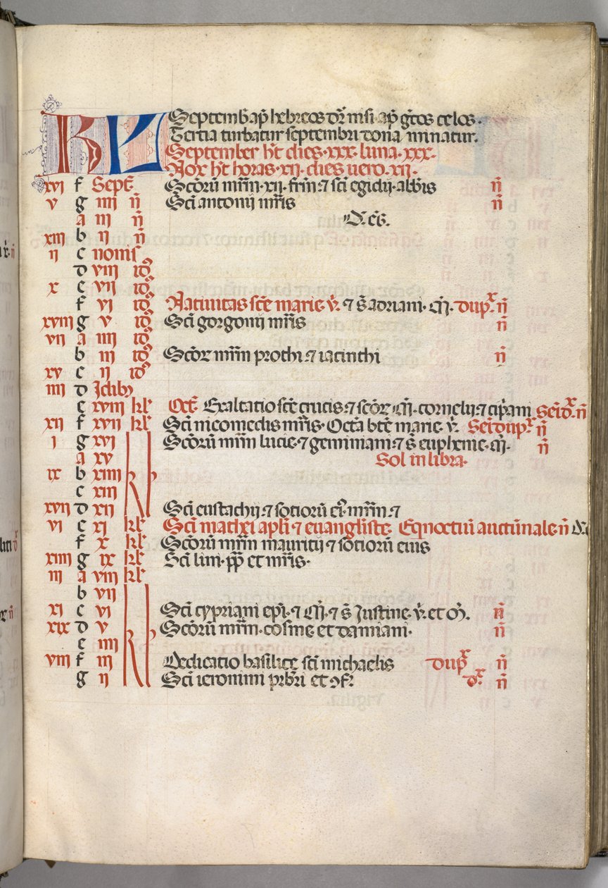 Missale: Fol. 7r: Stránka kalendáře září, 1469. od Bartolomeo Caporali