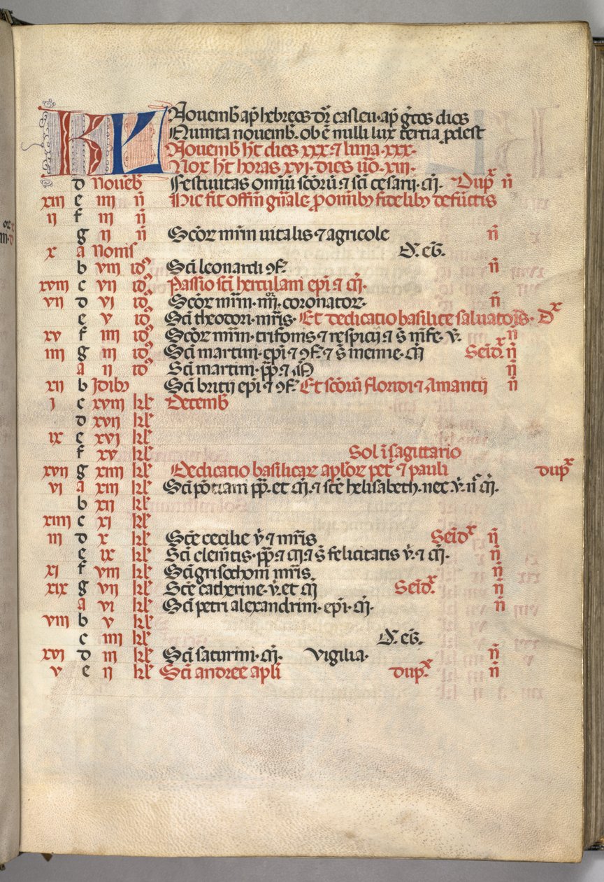 Missale: Fol. 8r: Listopadová kalendářní stránka, 1469. od Bartolomeo Caporali