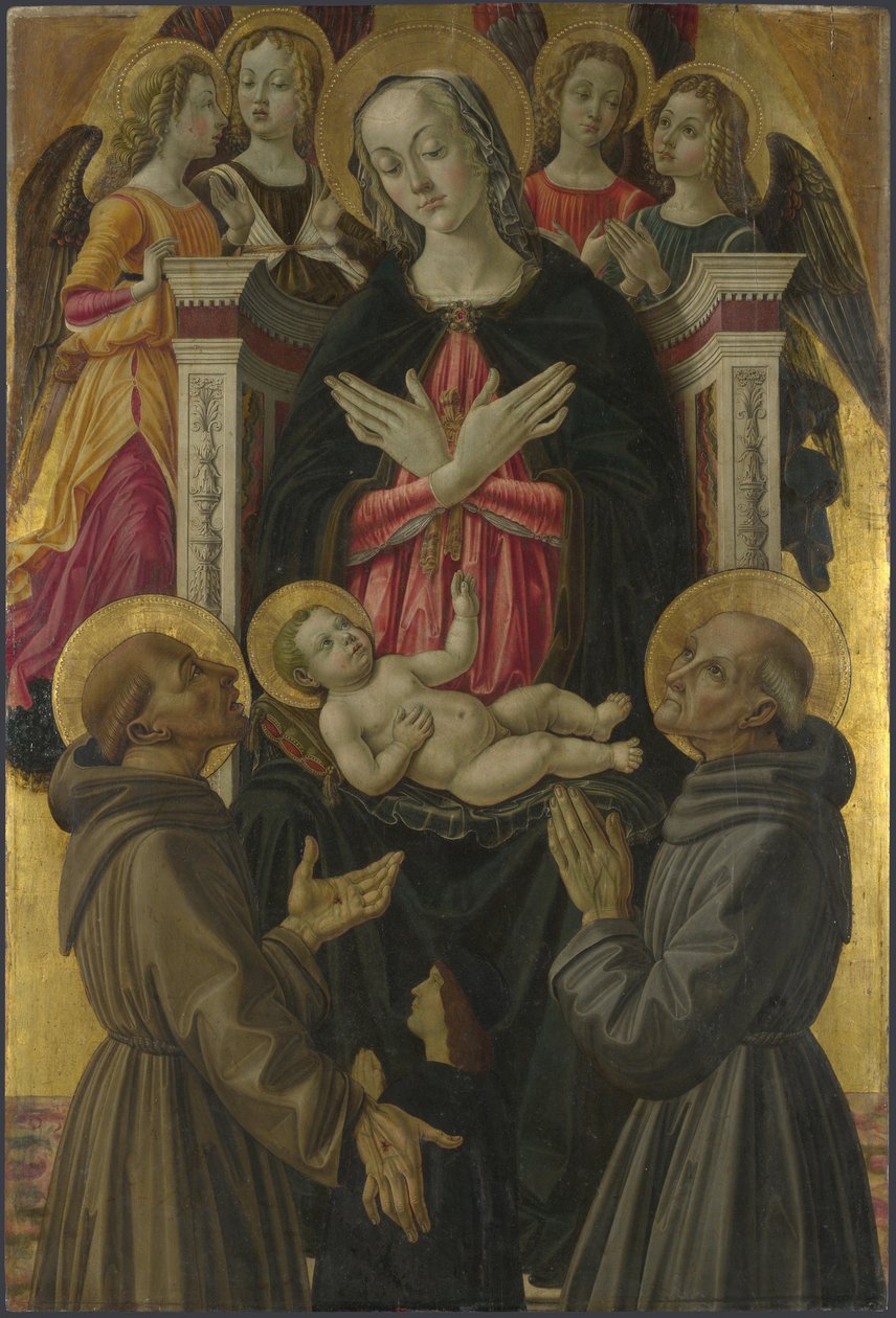 Panna a dítě se svatými, anděly a dárcem z oltářního obrazu: Panna a dítě se svatými, ca 1475 od Bartolomeo Caporali