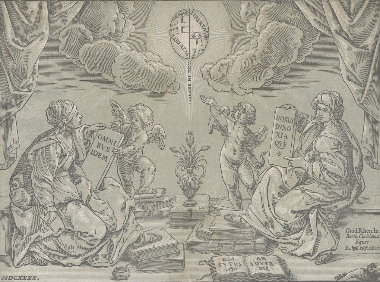 Alegorie teze, dvě ženy drží desky s nápisem, 1640. od Bartolomeo Coriolano