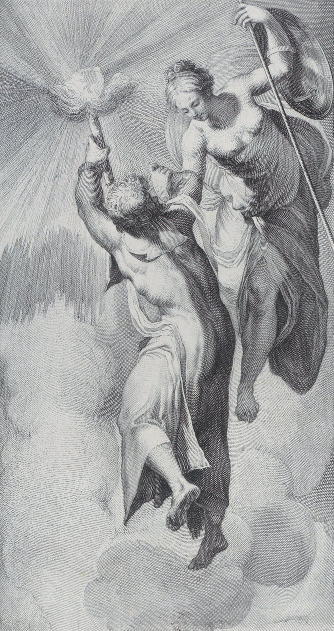 Minerva asistující Prométheovi při pokusu vyšplhat na nebesa, 1756. Tvůrci: Bartolomeo Crivellari, Gabriel Söderling. od Bartolomeo Crivellari, Gabriel Söderling