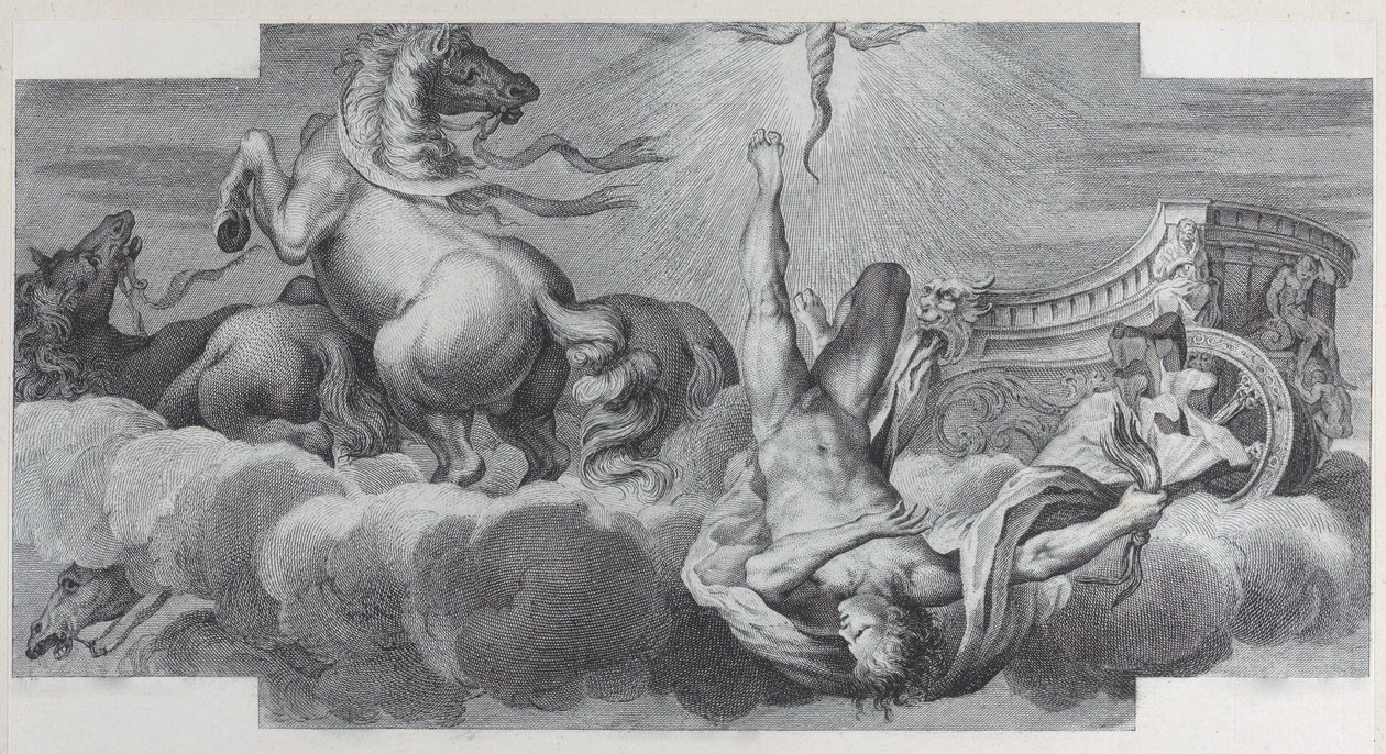 Talíř 34: Auriga, vozataj, padá z vozu uprostřed, se třemi koňmi v l..., 1756. Tvůrci: Bartolomeo Crivellari, Gabriel Söderling. od Bartolomeo Crivellari, Gabriel Söderling