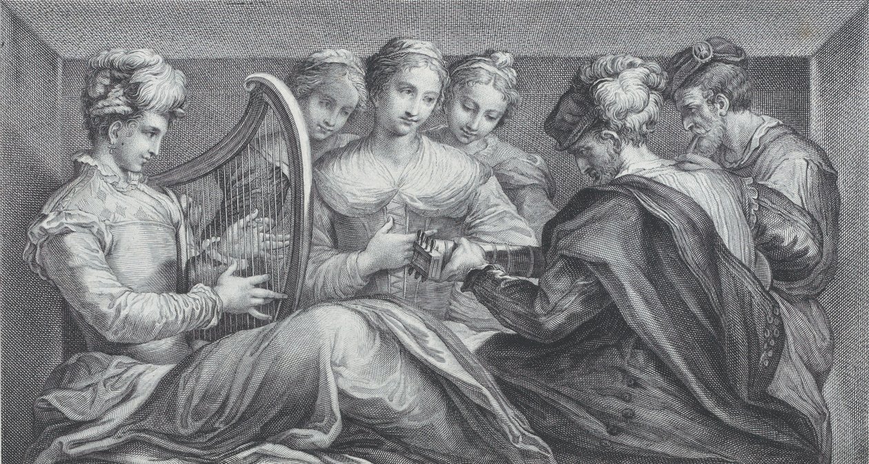 Skupina elegantně oblečených lidí hrajících na harfu a kytaru, 1740-68 od Bartolomeo Crivellari