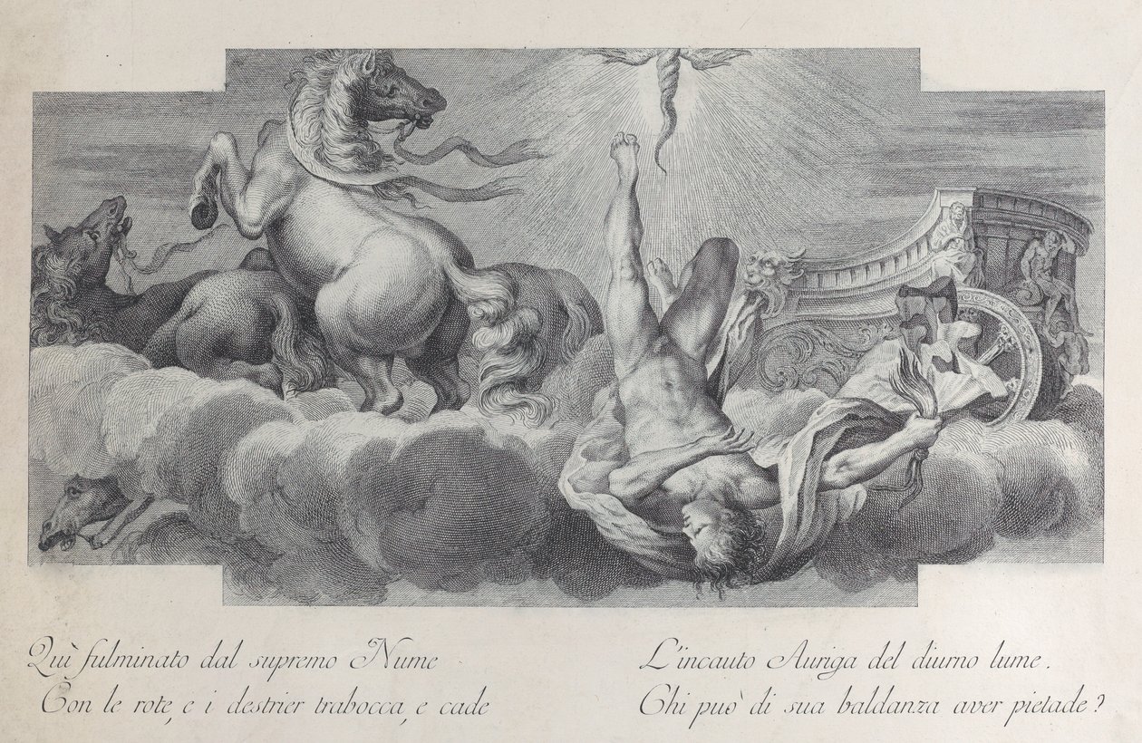 Talíř 34: Auriga, vozataj, padá z vozu uprostřed, se třemi koňmi v l..., 1756 od Bartolomeo Crivellari