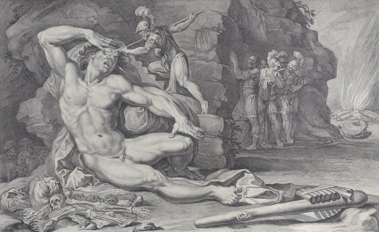 Deska 6: Odysseus vráží hořící kůl do Polyfémova oka, 1756 od Bartolomeo Crivellari