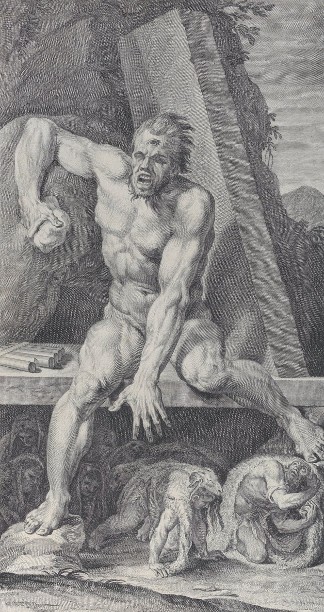 Deska 7: oslepený Polyphemus, střežící vchod do své jeskyně, s Odyssem a jeho..., 1756 od Bartolomeo Crivellari
