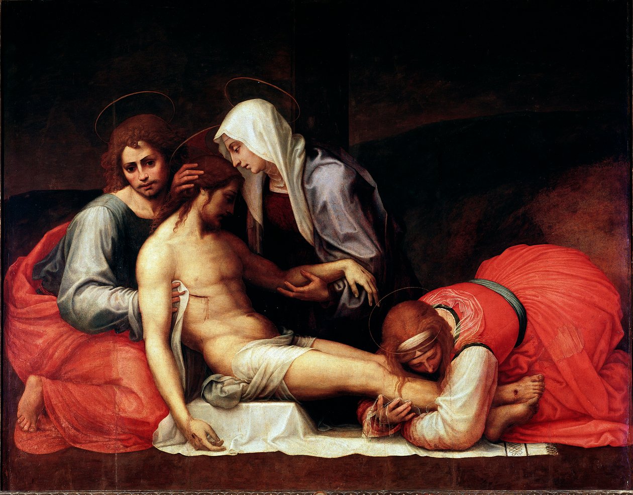 Depoziční obraz od Bartolomea della Porta dit Fra Bartolomeo (1472-1517) Rozměr.158x199 cm Florencie, Palazzo Pitti, Galleria Palatina - The Deposition, od Bartolomea della Porta a.k.a. Fra Bartolomeo (1472-1517). Olej na dřevě od Bartolomeo Fra