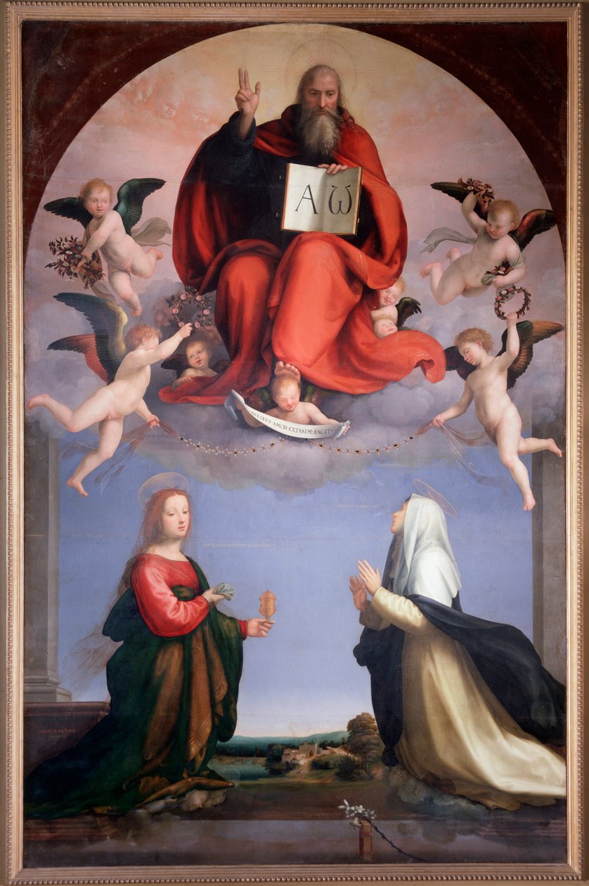 Bůh drží knihu s řeckými písmeny Alfa a Omega, která jsou na ní napsána (malba od Bartolomeo Fra