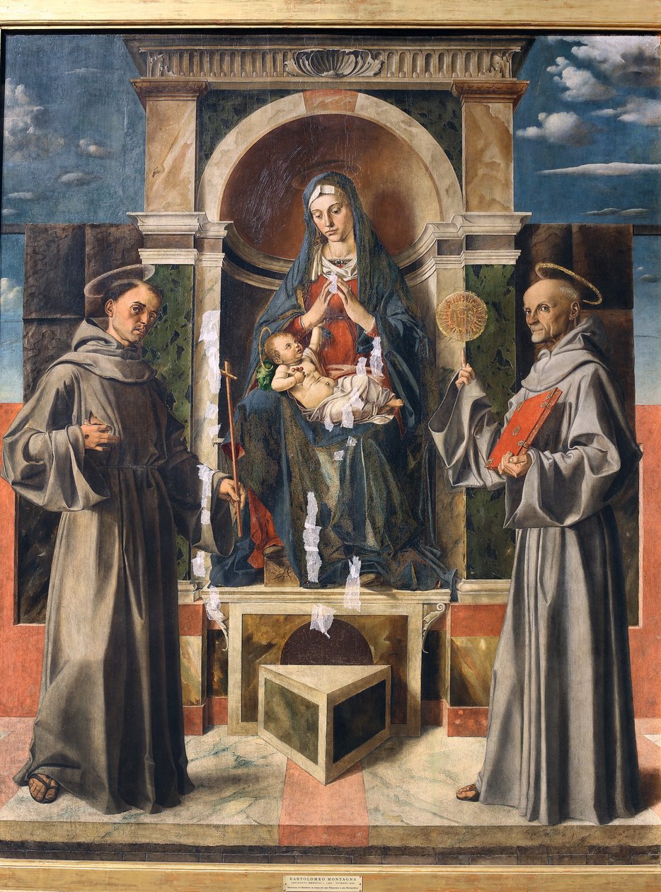 Madona s dítětem na trůn mezi svatým Františkem a svatým Bernardinem ze Sieny, kolem roku 1490 od Bartolomeo Montagna