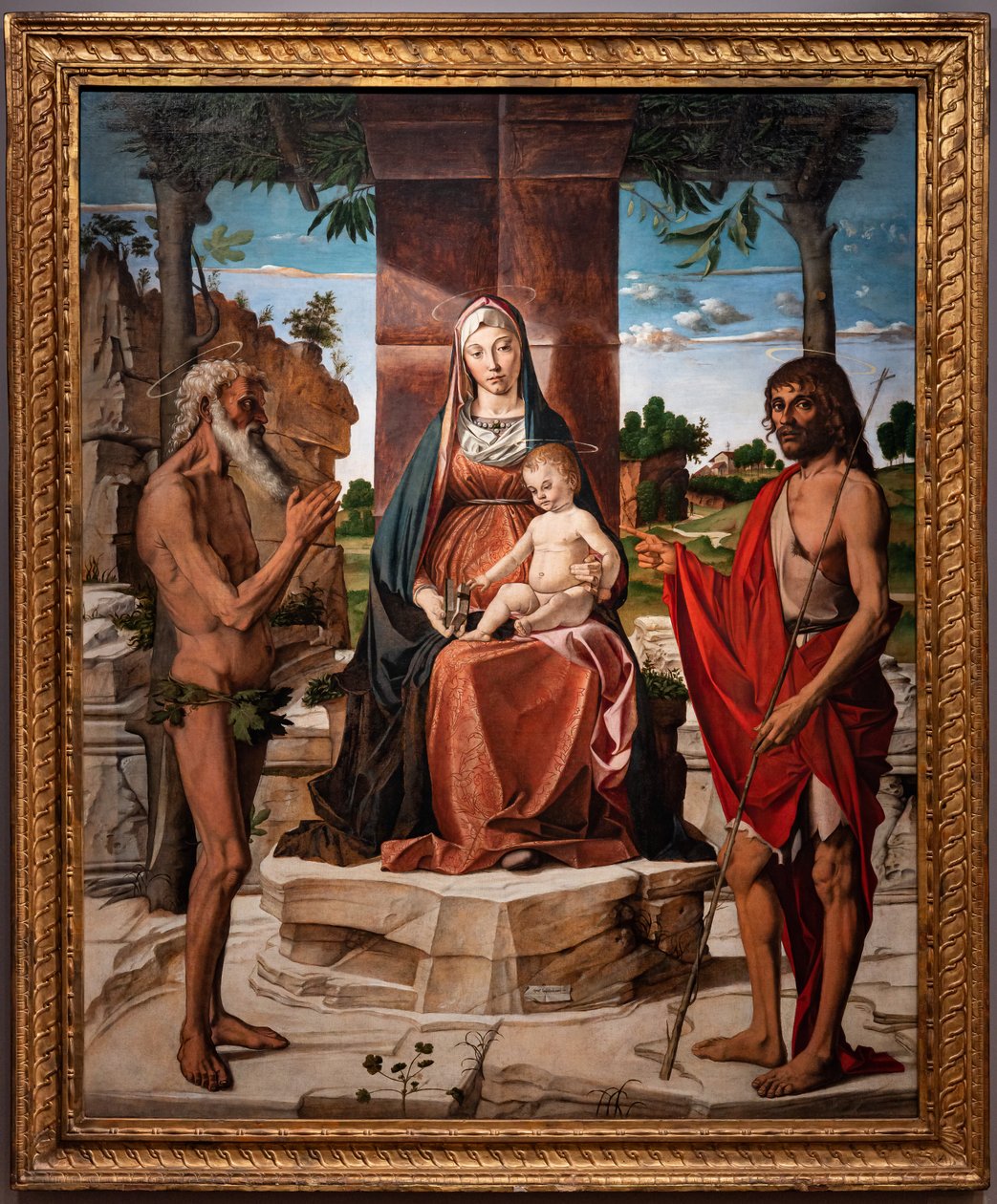 Madona s Ježíškem pod pergolou mezi svatými Janem Křtitelem a Onufriusem 1485-86 (olej na desce) od Bartolomeo Montagna
