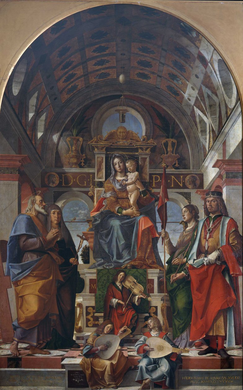 Panna a dítě trůnící se svatými a anděly tvořícími hudbu, 1499. od Bartolomeo Montagna